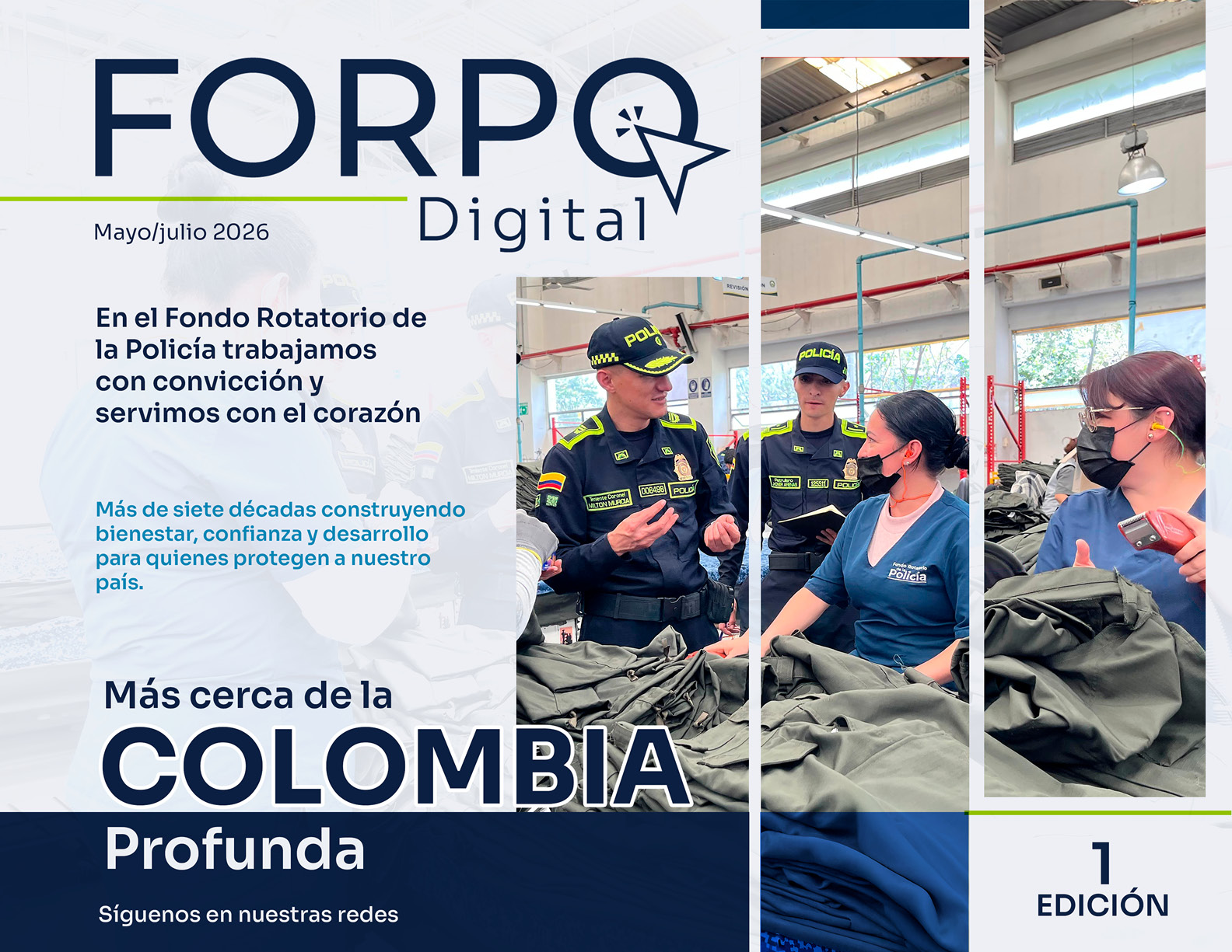 Personas en uniforme policial conversan con otras personas en un espacio interior mientras revisan prendas de ropa, acompañado de texto promocional sobre el Fondo Rotatorio de la Policía en Colombia.

Descripción generada con IA